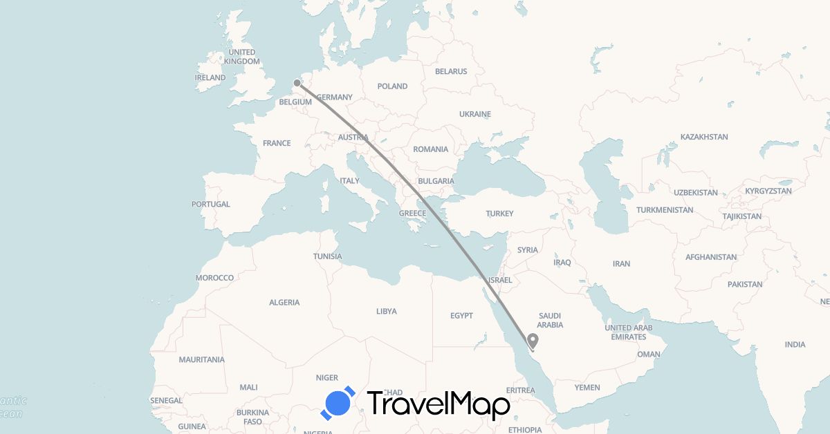 TravelMap itinerary: driving, plane in Netherlands, Saudi Arabia (Asia, Europe)
